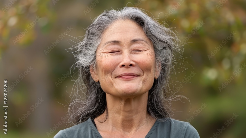 Joyful woman with gray hair smiles peacefully in nature, embracing happiness and tranquility in a serene outdoor setting Joyful woman with gray hair smiles peacefully in nature, embracing happiness and tranquility in a serene outdoor setting