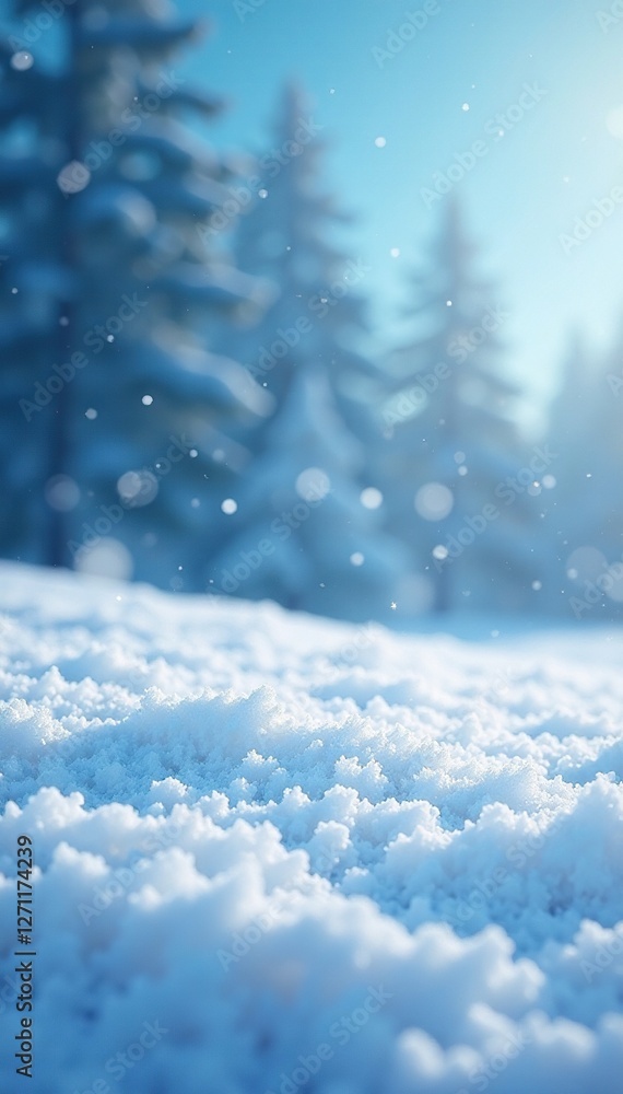 Sparkling snowflakes falling on a white snowy field, icy atmosphere, clear sky Sparkling snowflakes falling on a white snowy field, icy atmosphere, clear sky
