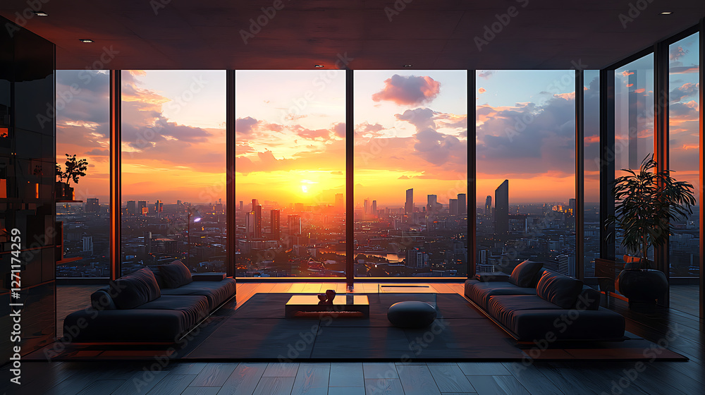 Fototapeta premium Modern Loft Apartment with Panoramic Windows and Minimalist Interior