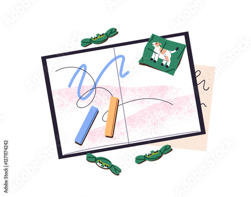 Open sketchbook with doodles on pages top view. Paper notebook, chalks and candies are on table. Note book, notepad with crayons for drawing. Flat isolated vector illustration on white background