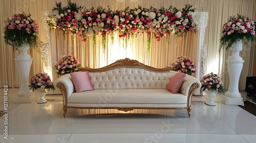 Luxurious decorated space featuring a vintage sofa amidst vibrant floral arrangements perfect for celebrations and gatherings : Generative AI