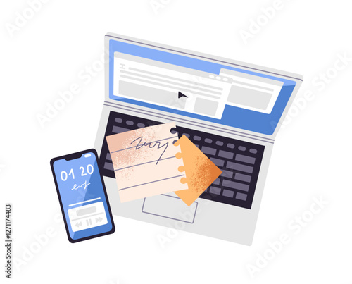 Open laptop with paper notes and smartphone on desk top view. Computer, phone and memos on table. Office workplace with equipment for work. Flat isolated vector illustrations on white background