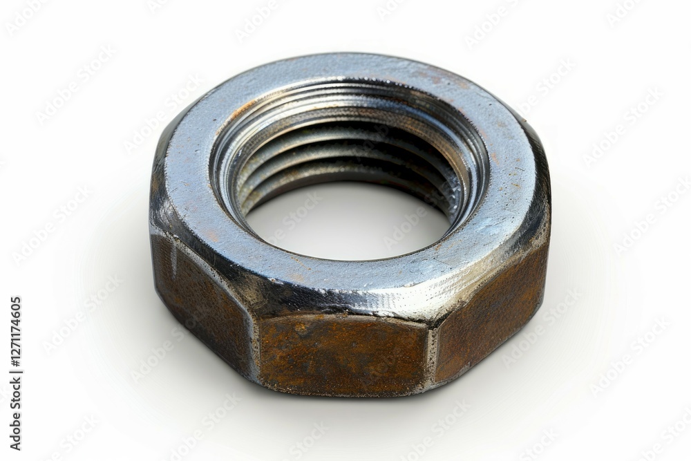 Rusty metal nut on white background. Artificial intelligence image