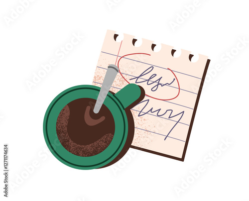 Cup of coffee with tea spoon and square paper reminder with writings top view. Work notes, office memo pad with mug of hot drink, beverage. Flat isolated vector illustration on white background
