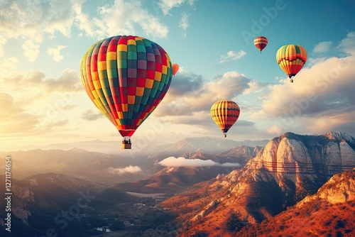 Travel Close up of hot air balloons flying over a mountain