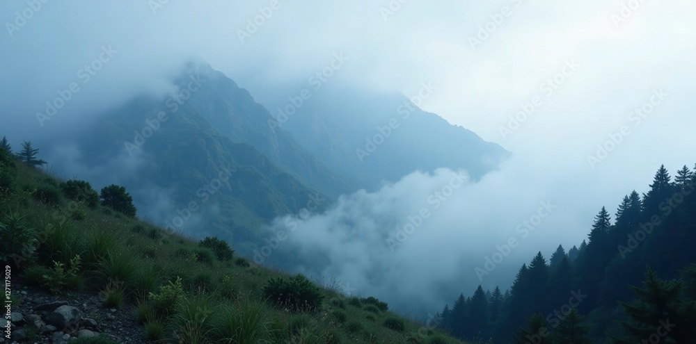 Mysterious foggy mountain landscape with misty peaks, misty, mist Mysterious foggy mountain landscape with misty peaks, misty, mist