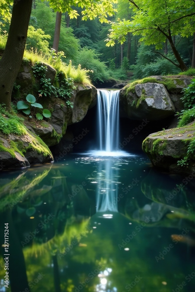 Waterfall's tranquil scene is reflected perfectly in the still pond's surface, garden, reflection Waterfall's tranquil scene is reflected perfectly in the still pond's surface, garden, reflection