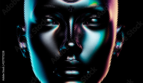 Futuristic vector illustration of a digital face with iridescent, pixelated textures on a black background. The design emphasizes modernity and a reflective, technological aesthetic.
