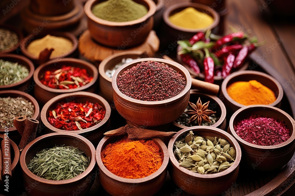 Turkish spices and herbs like saffron sumac thyme cumin rosemary and isot in wooden bowls at a Turkish market Turkish spices and herbs like saffron sumac thyme cumin rosemary and isot in wooden bowls at a Turkish market