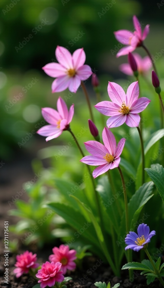 Aquilegia flowers in a garden bed with other plants, blooms, greenery Aquilegia flowers in a garden bed with other plants, blooms, greenery