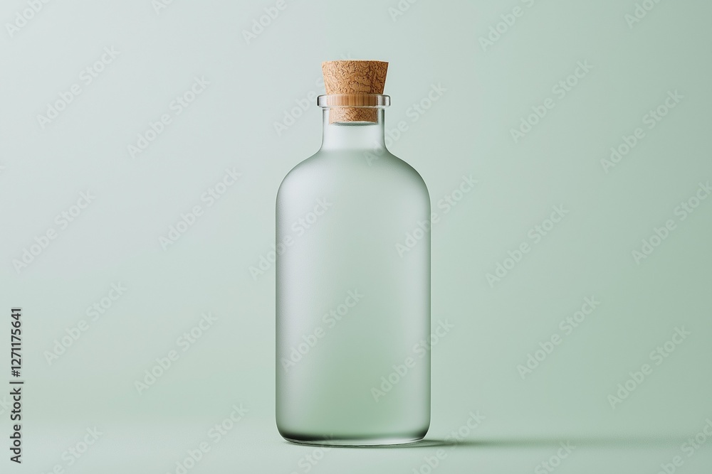 Minimalist frosted bottle mockup with cork stopper on sage green background Minimalist frosted bottle mockup with cork stopper on sage green background