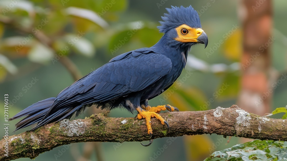 Fototapeta premium A stunning portrait of a harpy eagle perched on a thick jungle branch, its powerful talons gripping the bark as it scans its surroundings.