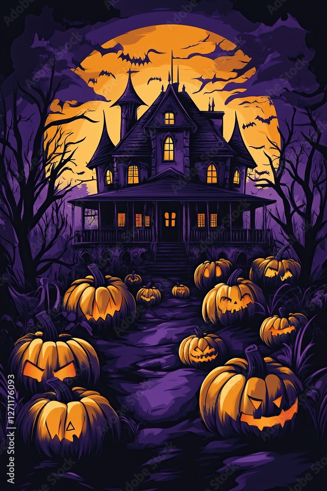 Haunted House, Jack-o'-lanterns Illuminate Path, Spooky Night, Halloween Festivities, Autumnal Atmosphere, Creepy Manor, Bats Soar, Full Moon, Mysterious Mansion, Dark Forest Haunted House, Jack-o'-lanterns Illuminate Path, Spooky Night, Halloween Festivities, Autumnal Atmosphere, Creepy Manor, Bats Soar, Full Moon, Mysterious Mansion, Dark Forest