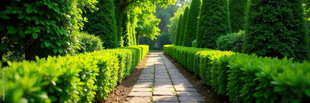 Obraz premium Boxwood hedges forming a border around a garden path, hedges, borders