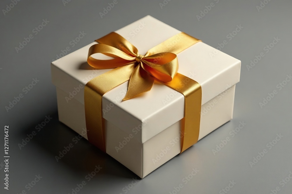 Golden ribbon tied around a rectangular gift box with a bow, gold ribbon wrap, decorative bow, premium gift Golden ribbon tied around a rectangular gift box with a bow, gold ribbon wrap, decorative bow, premium gift