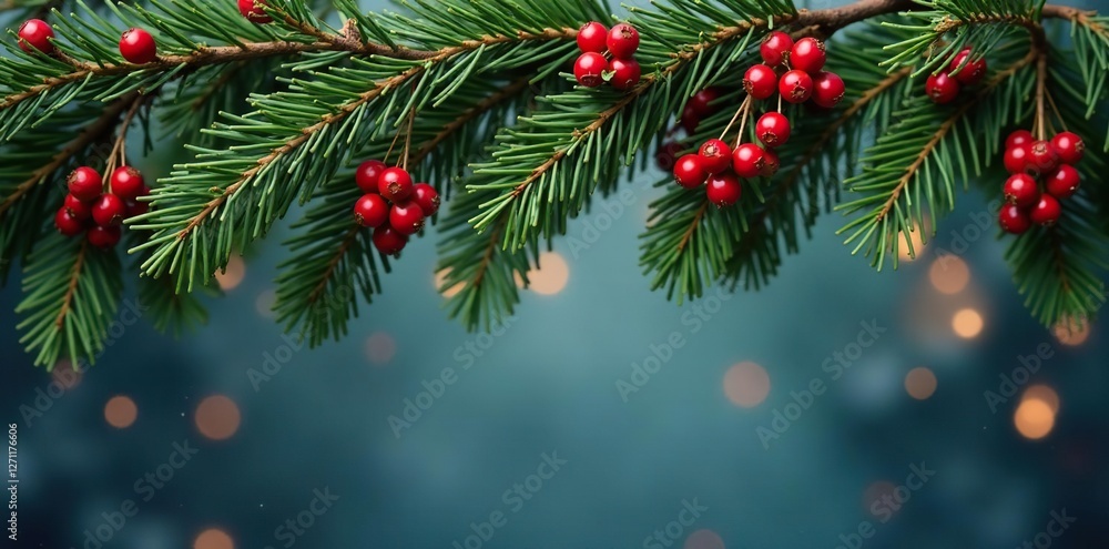 Pine branches adorned with holly berries hang from a dark green garland, winter, ornament, decoration