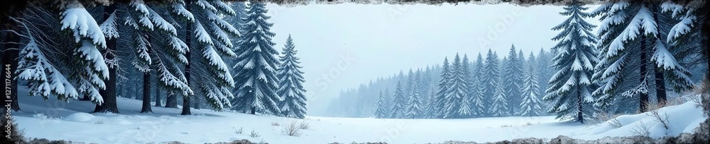 Snowy forest landscape with tall trees and dark grunge texture border, black, natural, winter Snowy forest landscape with tall trees and dark grunge texture border, black, natural, winter