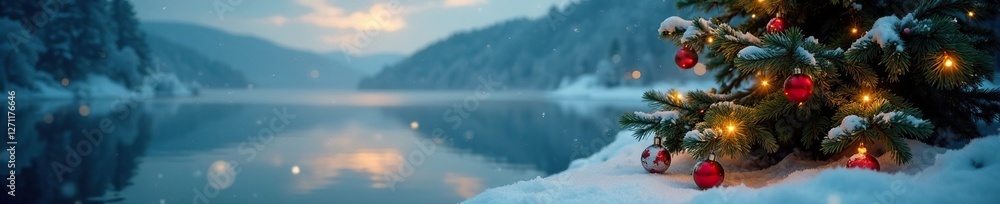 Evergreen tree with twinkling lights and ornaments in snowy scene, christmas tree, frozen lake Evergreen tree with twinkling lights and ornaments in snowy scene, christmas tree, frozen lake