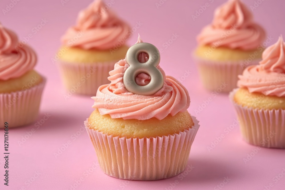 Freshly baked cupcakes with pink frosting and a number eight on top, perfect for a birthday or special occasion Freshly baked cupcakes with pink frosting and a number eight on top, perfect for a birthday or special occasion