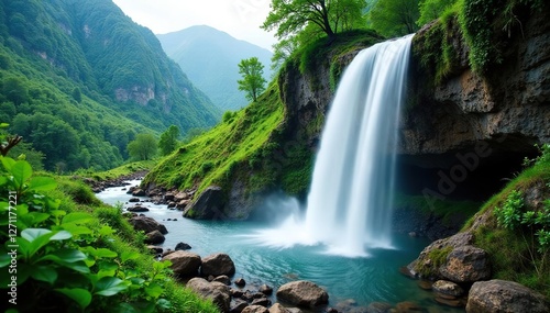 serpentine waterfall cascades down rocky mountain slope, vegetation, fresh greenery, forest