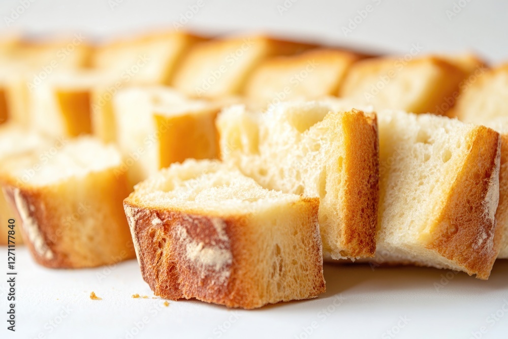 Freshly baked bread slices arranged neatly on a table, ready to be served or used for various purposes Freshly baked bread slices arranged neatly on a table, ready to be served or used for various purposes