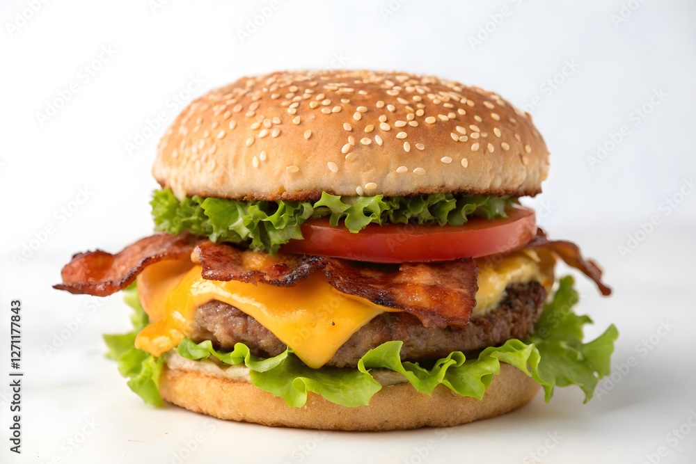 Bacon Cheeseburger with Lettuce and Tomato on white background – Classic American Favorite