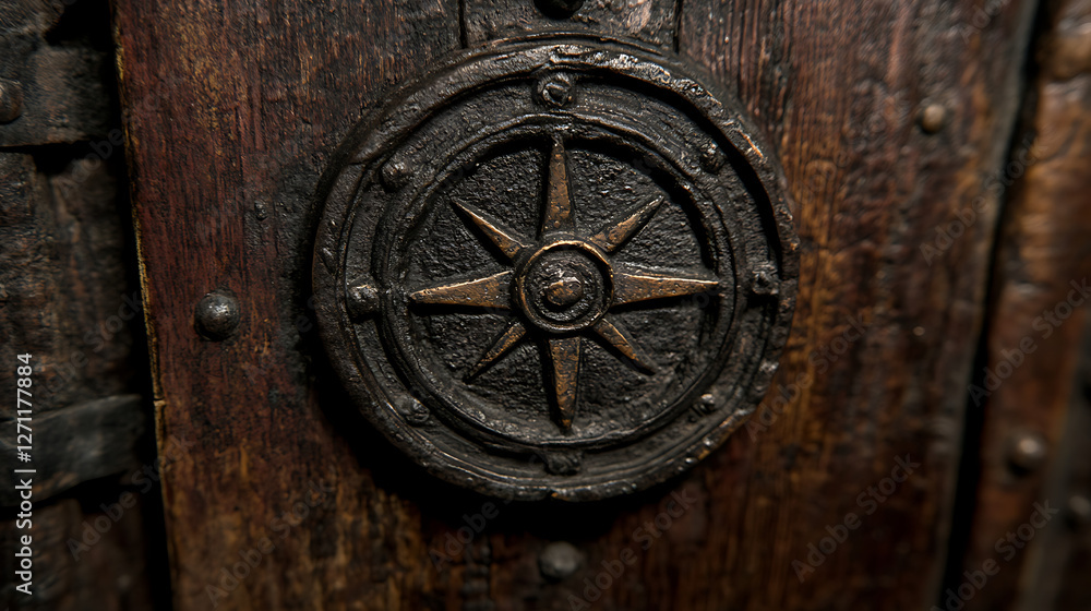 Fototapeta premium Antique Wooden Door Adorned with Metal Compass Design Featuring Aged Texture and Historical Charm