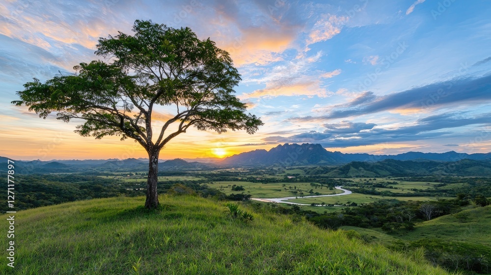 Majestic sunset over valley landscape with lone tree. Scenic view from hilltop. Possible use for nature wallpaper or travel promotion Majestic sunset over valley landscape with lone tree. Scenic view from hilltop. Possible use for nature wallpaper or travel promotion