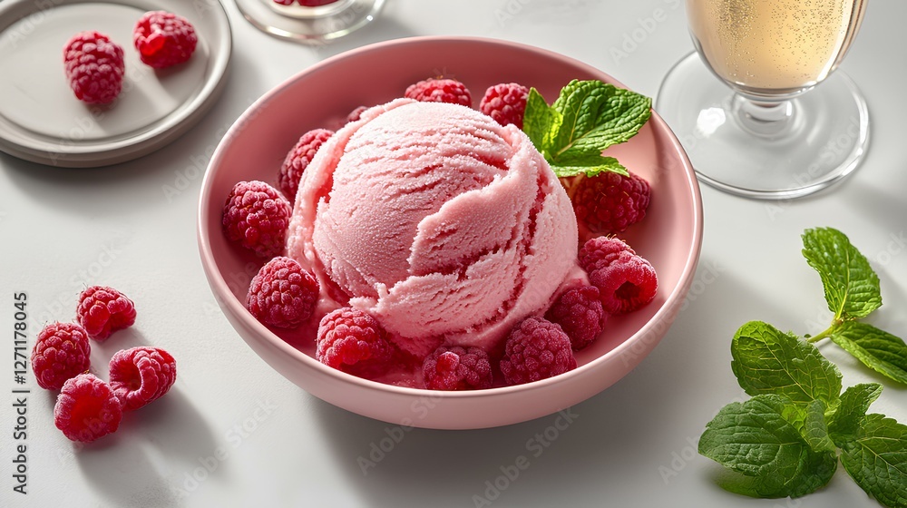 A vibrant bowl filled with creamy raspberry ice cream rests on a table, accompanied by fresh raspberries and mint leaves. A glass of sparkling drink adds elegance to the setting. A vibrant bowl filled with creamy raspberry ice cream rests on a table, accompanied by fresh raspberries and mint leaves. A glass of sparkling drink adds elegance to the setting.