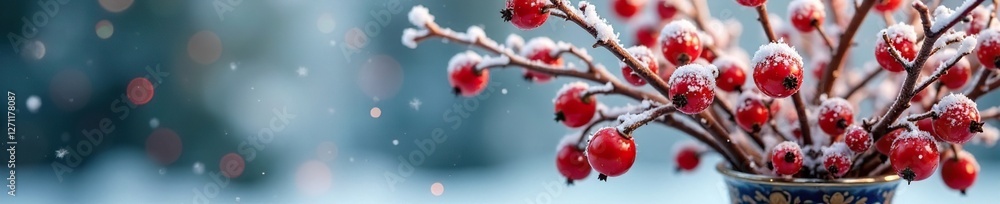 Snowy berries adorning a vase with shiny red and white decorations, holiday, decorations Snowy berries adorning a vase with shiny red and white decorations, holiday, decorations