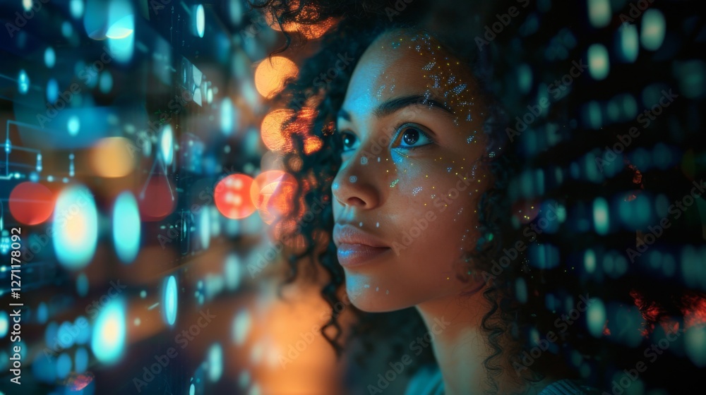 A woman with curly hair looks upward, captivated by multi colored lights and digital graphics around her. The atmosphere feels energetic and full of possibilities. A woman with curly hair looks upward, captivated by multi colored lights and digital graphics around her. The atmosphere feels energetic and full of possibilities.