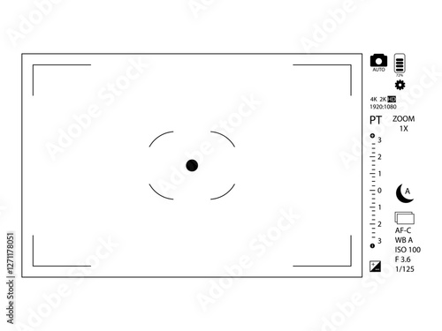 Video finder frame or capture photo with function icons, preview indicator, HUD and UI recorder, target square professional, vector illustration