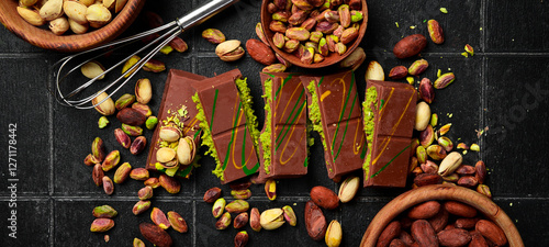 Trend Dubai chocolate with pistachio paste and kataifi. Pistachios, cocoa beans and chocolate. Top view, on a black stone background.