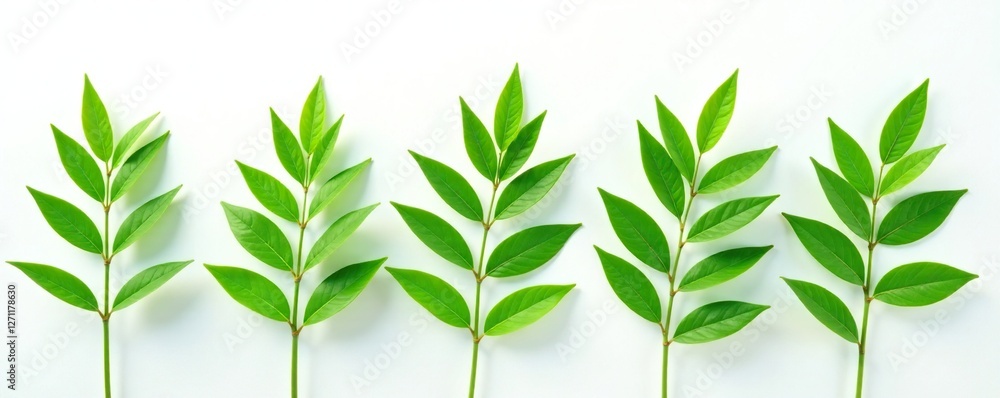 A row of long and slender green leaves against a stark white surface, botanical, simple A row of long and slender green leaves against a stark white surface, botanical, simple
