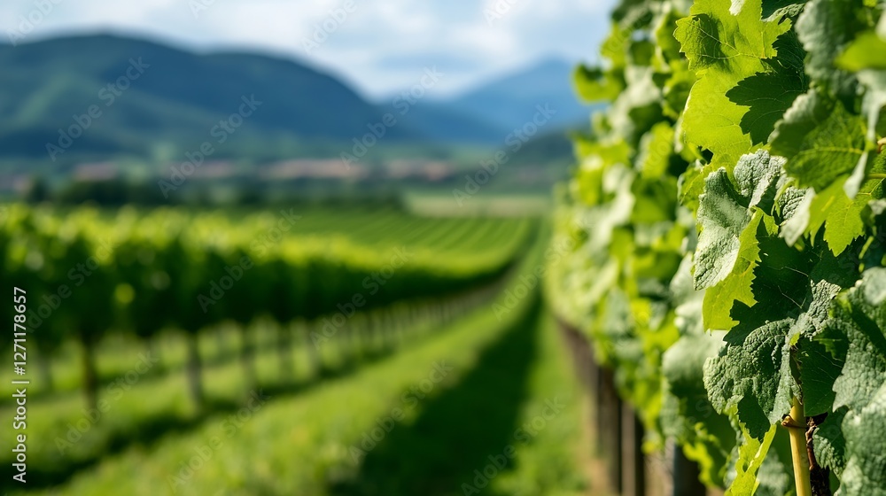 Fototapeta premium Vibrant vineyard landscape with lush green grape vines extending along the tranquil hillside : Generative AI