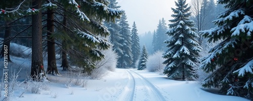 winter forest scene with holly trees and snow, natural scenery, frost