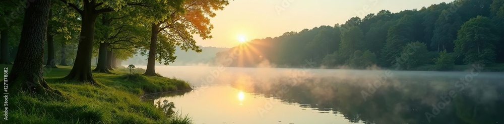 Fototapeta premium A tranquil scene at Oldenburger See Bornhorst with sunbeams through trees, water, lake, peaceful