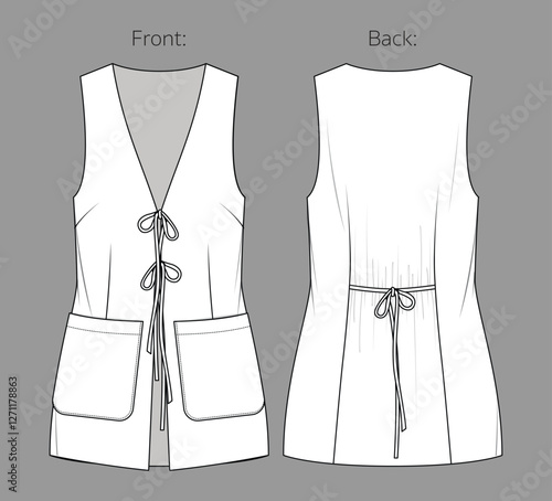 Vector sleeveless jacket with front ties and pockets fashion CAD, tailored woman long vest technical drawing, template, flat, sketch. Linen or jean woven fabric vest with front, back view, white color