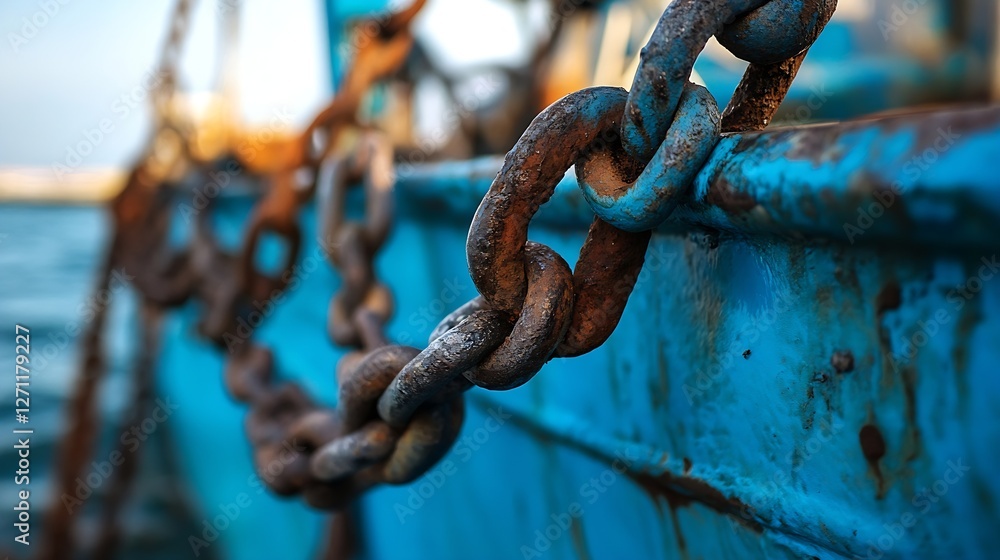 Rusty Metal Chain Links Clinging to a Fishing Boat Creating a Vintage Nautical Aesthetic : Generative AI Rusty Metal Chain Links Clinging to a Fishing Boat Creating a Vintage Nautical Aesthetic : Generative AI