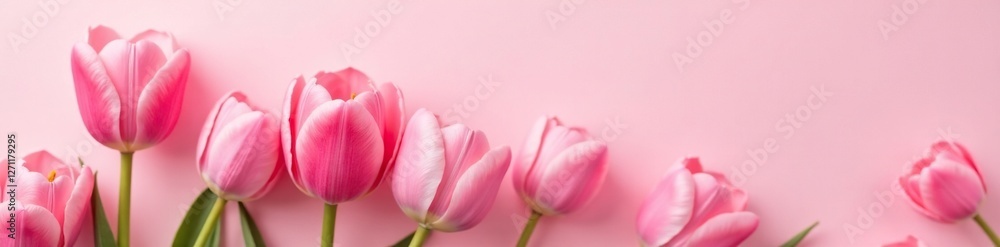 Obraz premium Pink tulips with soft petals and golden centers on a light pink background, spring, light pink, flower