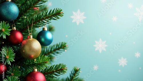 evergreen tree branches with colorful ornaments, decorations, greenery, snowflakes