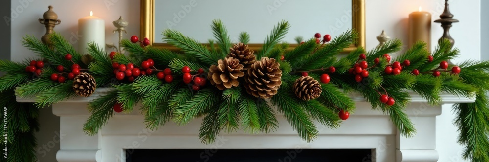 Evergreen branch with pinecones and red berries draped over a festive mantel, decorations, garland Evergreen branch with pinecones and red berries draped over a festive mantel, decorations, garland