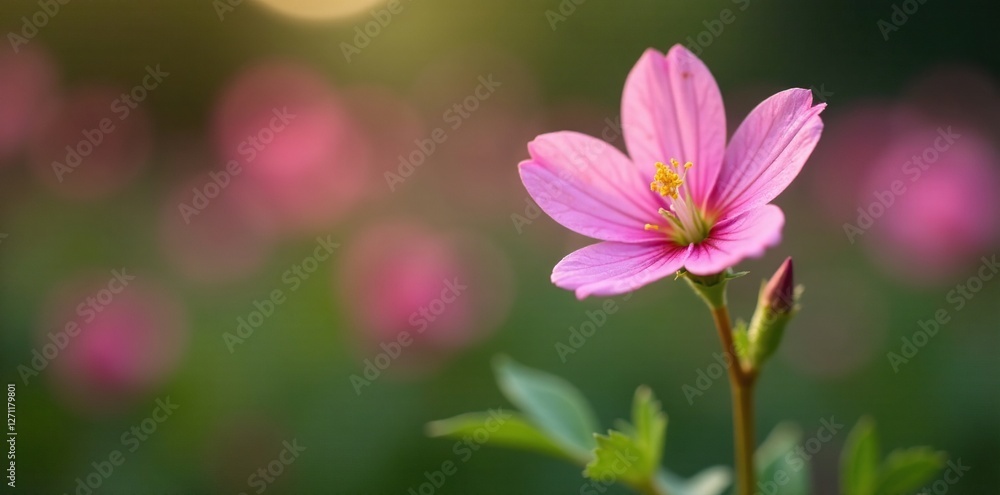 Fototapeta premium Pink Evening Primrose stem with tiny white flowers in the garden, garden stems, pink flowers, flowers
