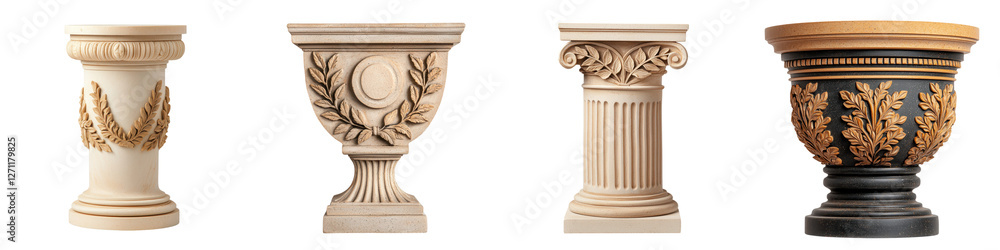 Collection of antique marble pedestals columns and architectural elements featuring ornate carved floral motifs intricate patterns and classical Greek or Roman design styles Collection of antique marble pedestals columns and architectural elements featuring ornate carved floral motifs intricate patterns and classical Greek or Roman design styles