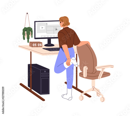 Freelancer, woman with sedentary work stretches at break. Office worker does yoga training at workplace. Employee does physical exercises at computer desk. Flat isolated vector illustration on white