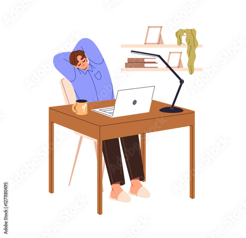 Office worker stretches at computer desk. Man with sedentary work does physical exercises on chair at break. Employee does yoga workout at home workplace. Flat isolated vector illustration on white