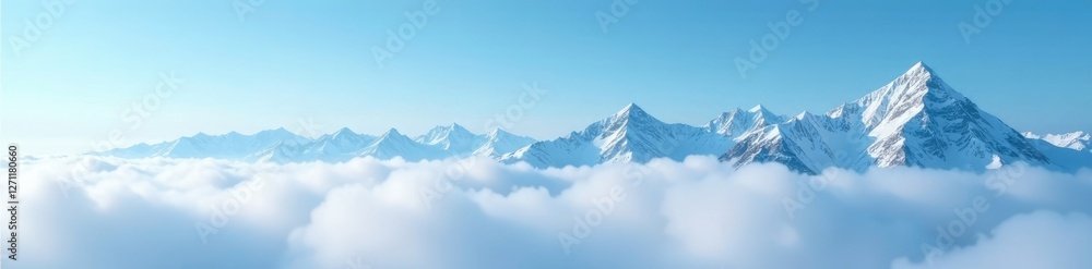 Fototapeta premium Ethereal snow-capped peaks blend into a boundless blue sky amidst ethereal mist, blue, snow, sky