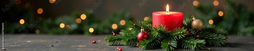 Evergreen wreath-shaped candle with ornaments and garland, garland, holiday Evergreen wreath-shaped candle with ornaments and garland, garland, holiday