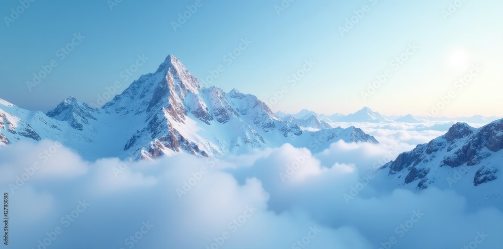 Ethereal snow-capped peaks blend into a boundless blue sky amidst ethereal mist, sky, ethereal Ethereal snow-capped peaks blend into a boundless blue sky amidst ethereal mist, sky, ethereal