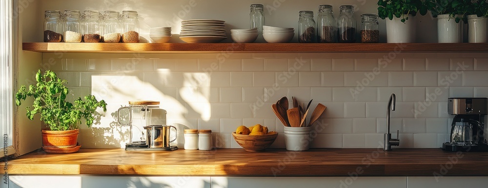 Sunny kitchen countertop, wooden shelves, plants, coffee maker